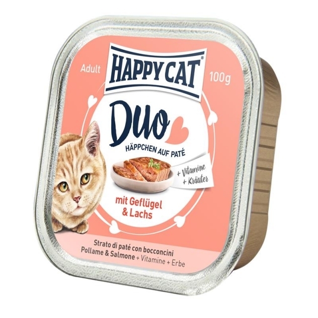 Happy Cat Duo Paté auf Häppchen Geflügel & Lachs 100g (Menge: 12 je Bestelleinheit)
